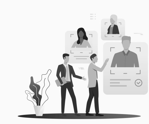 Business leader consulting HR expert. Two men studying candidates profiles. Human resource concept. Vector illustration can be used for topics like employment, personnel search, head hunting